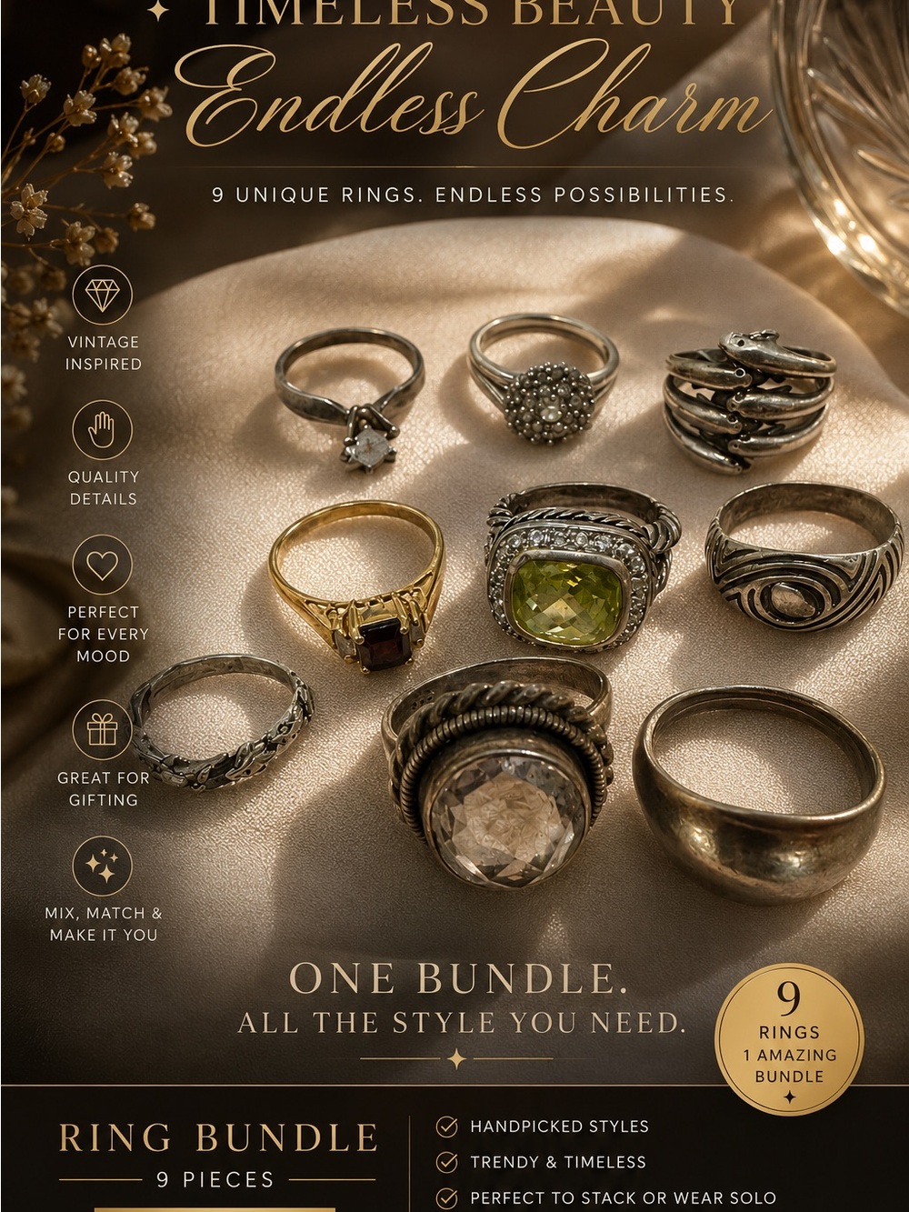 Ring Bundle - Mixed Metal and Gem Tones (9-Pack)